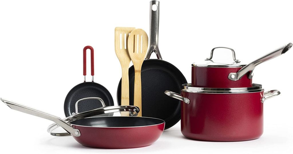 49230 - Red Volcano Textured Ceramic Nonstick, 10 Piece Cookware Pots and Pans Set USA